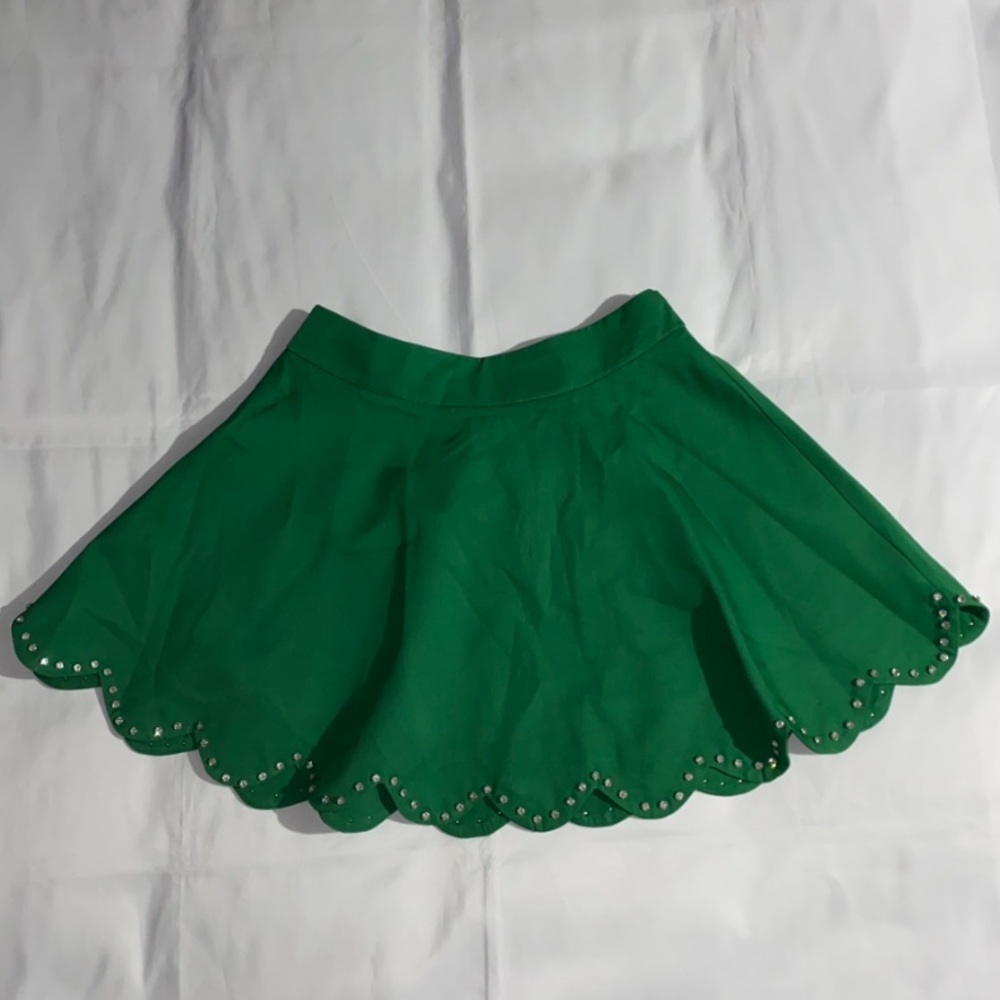 Judith March Green Scalloped Hem Mini Skirt w/ Silver Gem Detail